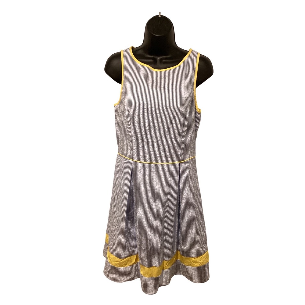 ELLE Seersucker Striped Sleeveless Dress Yellow Trim Fit Flare Women's Size S